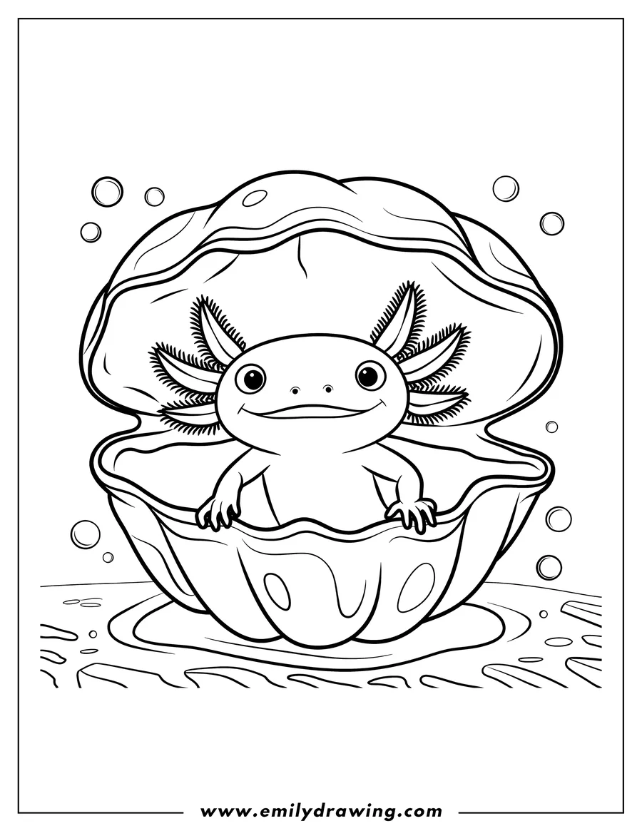 Outline of an axolotl sitting inside a clam shell on the seabed with bubbles floating around.