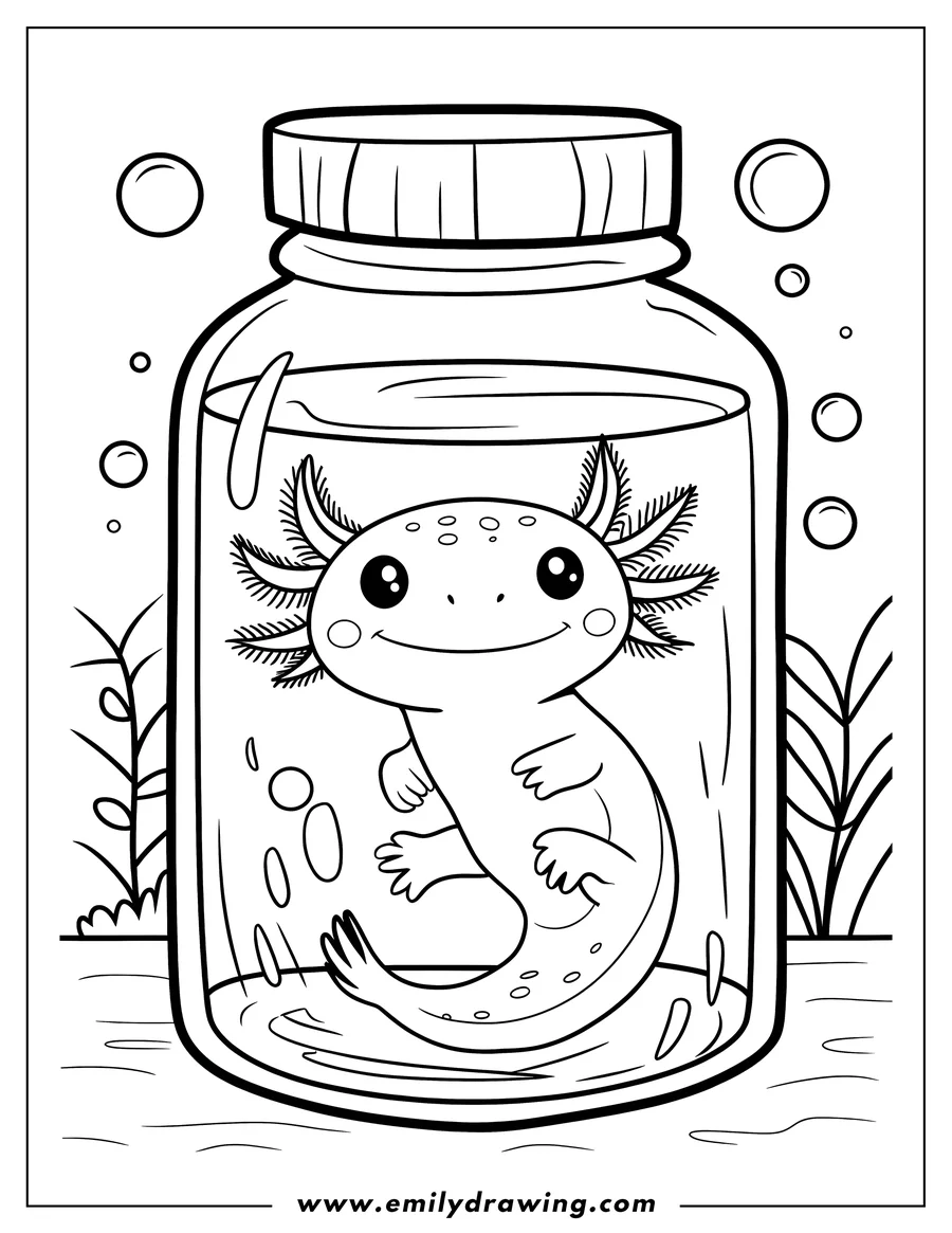 Outline of an axolotl swimming in a jar with bubbles and aquatic plants.