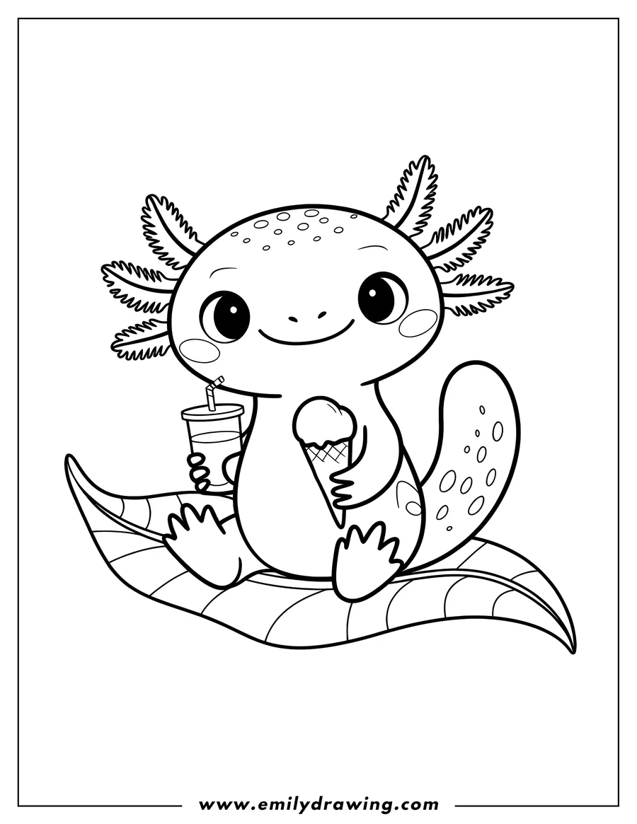 Outline of an axolotl sitting on a leaf, holding an ice cream cone in one hand and a drink in the other.