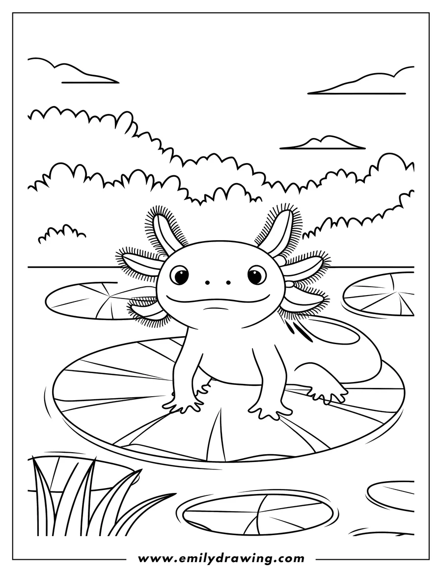 Outline of an axolotl sitting on a lily pad in a pond, with grassy banks and fluffy clouds in the background.