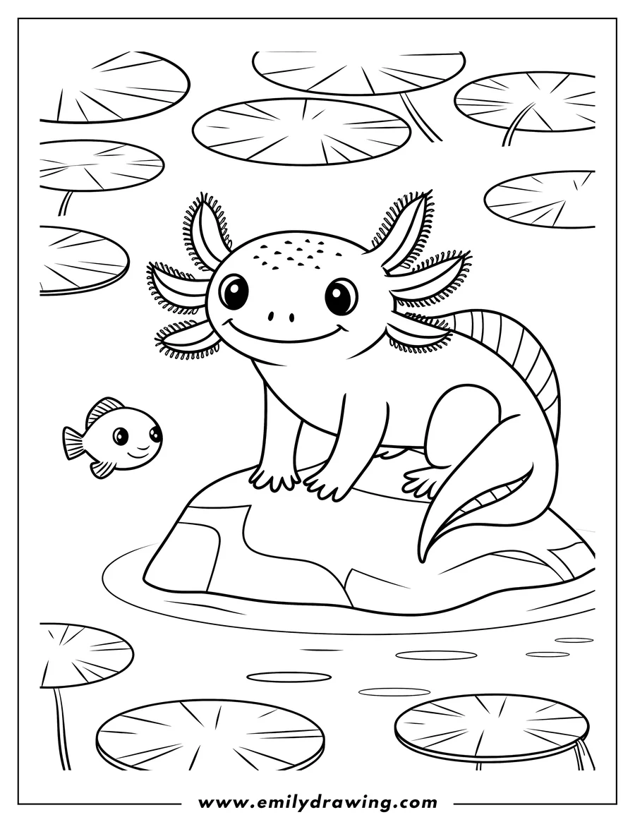 Line art of an axolotl sitting on a rock in a pond with lily pads and a small fish.