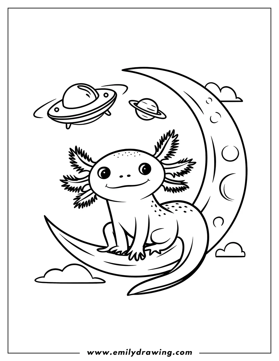 Line art of an axolotl sitting on the crescent moon, with a UFO and planet in the background.