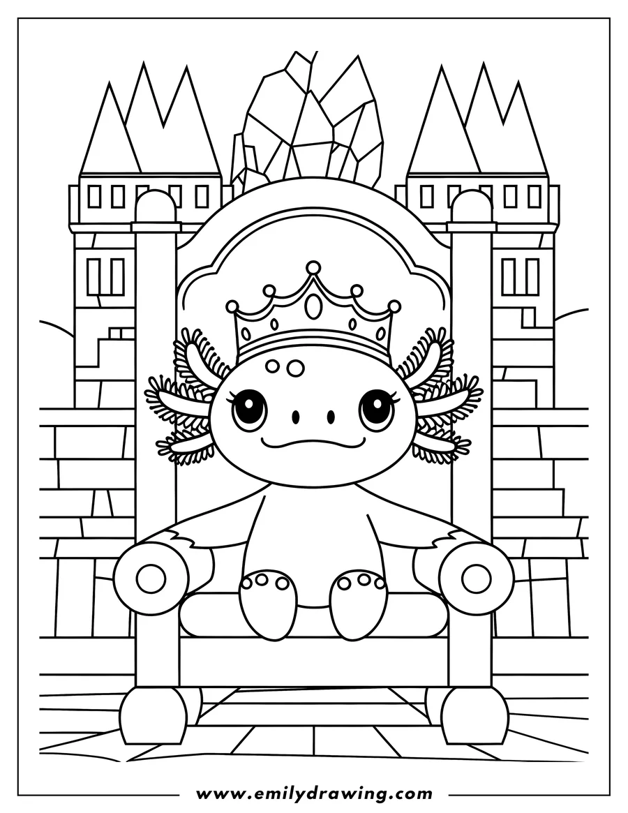 Outline of an axolotl wearing a crown and sitting on a throne in front of a castle