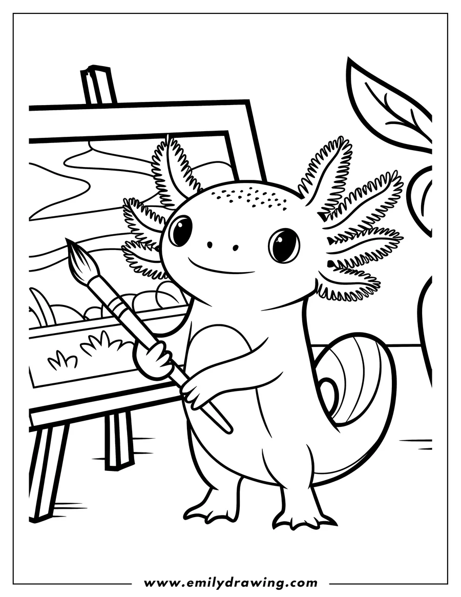 Line art of an axolotl painting a landscape on an easel.