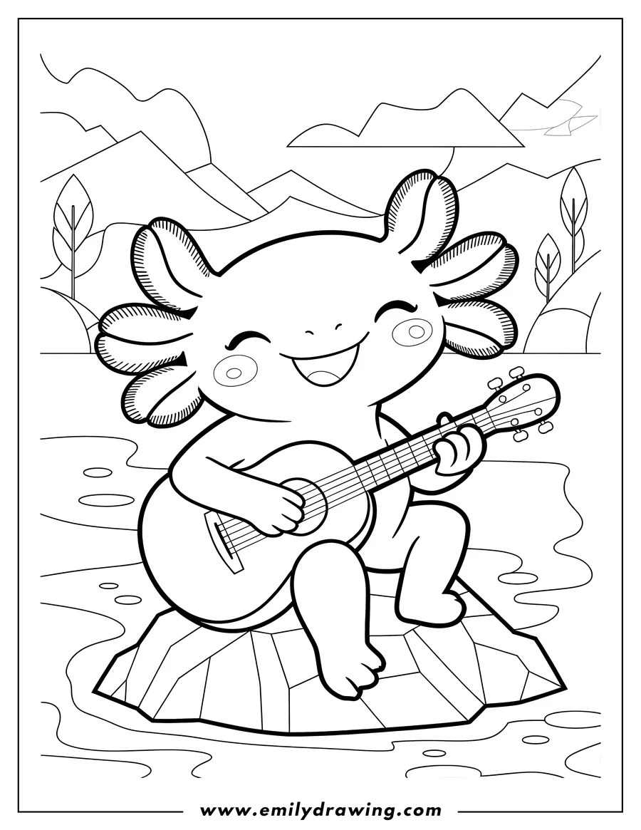 Outline of an axolotl happily playing a guitar while sitting on a rock in a pond, with stylized hills and plants in the background.