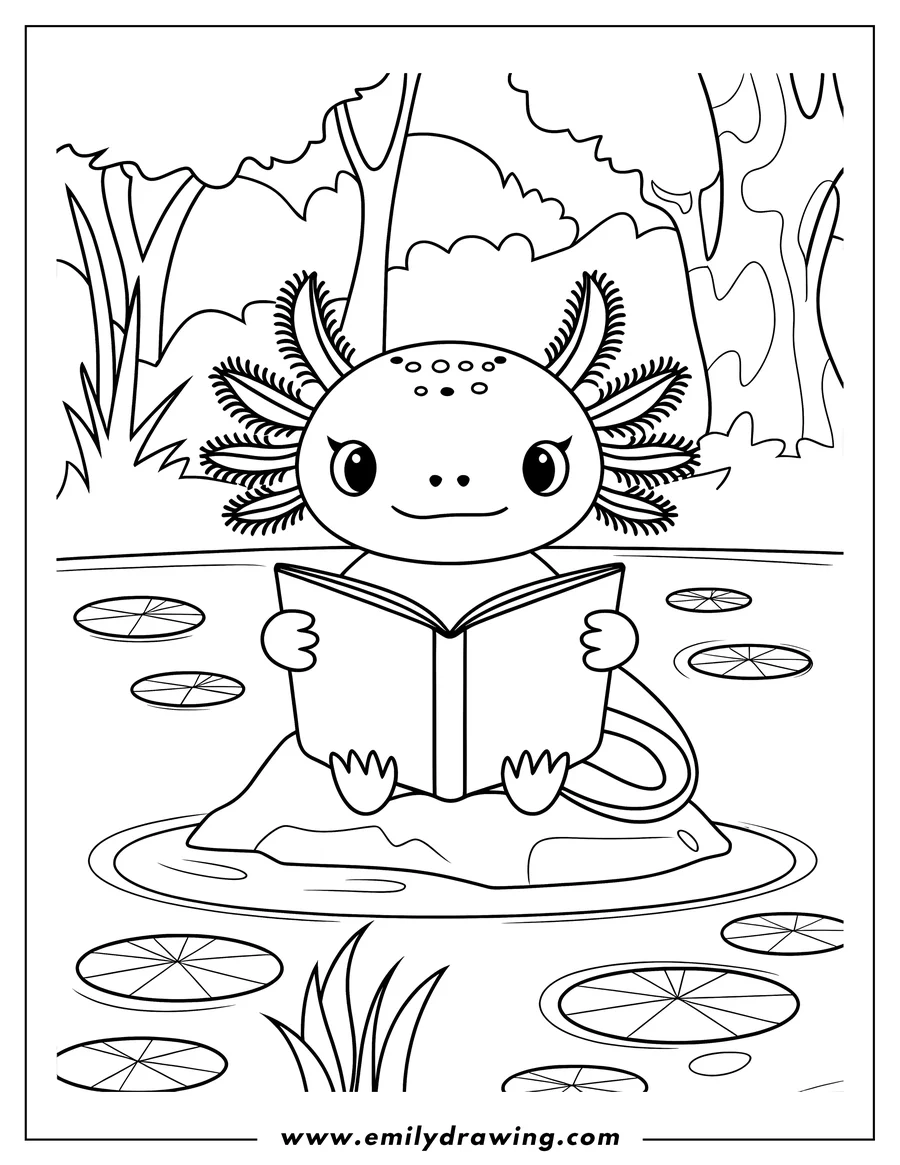 Line art of an axolotl sitting on a rock in a pond, reading a book. Lily pads float around the rock.