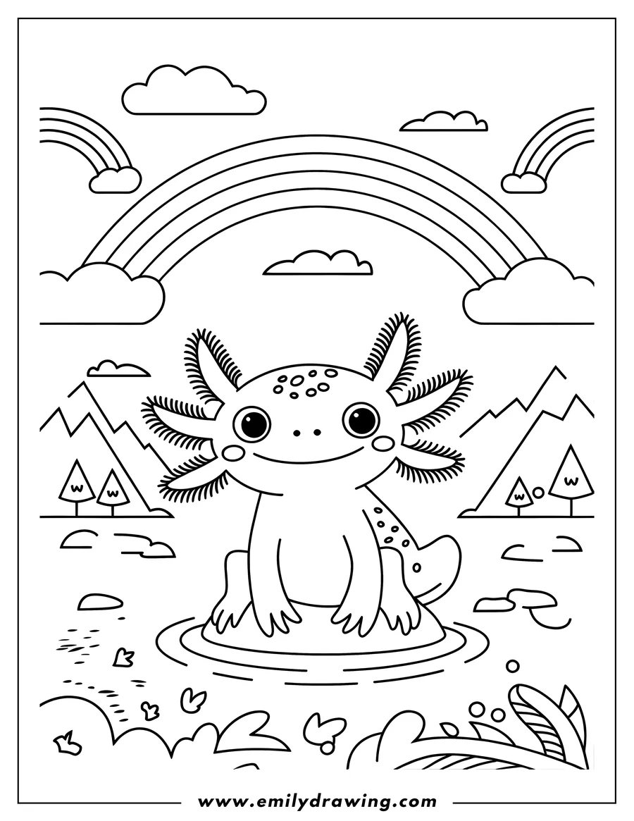 Line art of an axolotl sitting on a small rock in water, with a rainbow, clouds, stylized trees and mountains in the background.