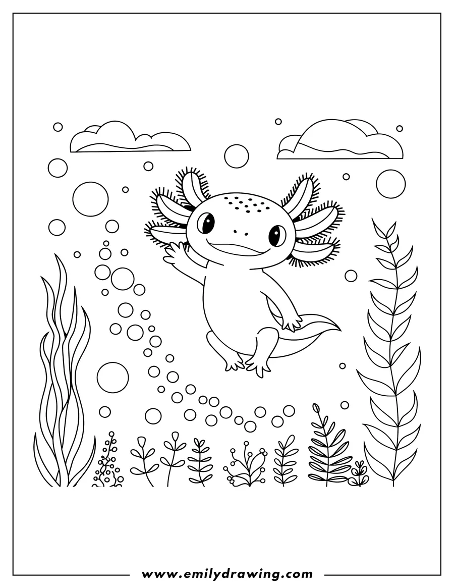 Line art of an axolotl waving, surrounded by bubbles and aquatic plants.