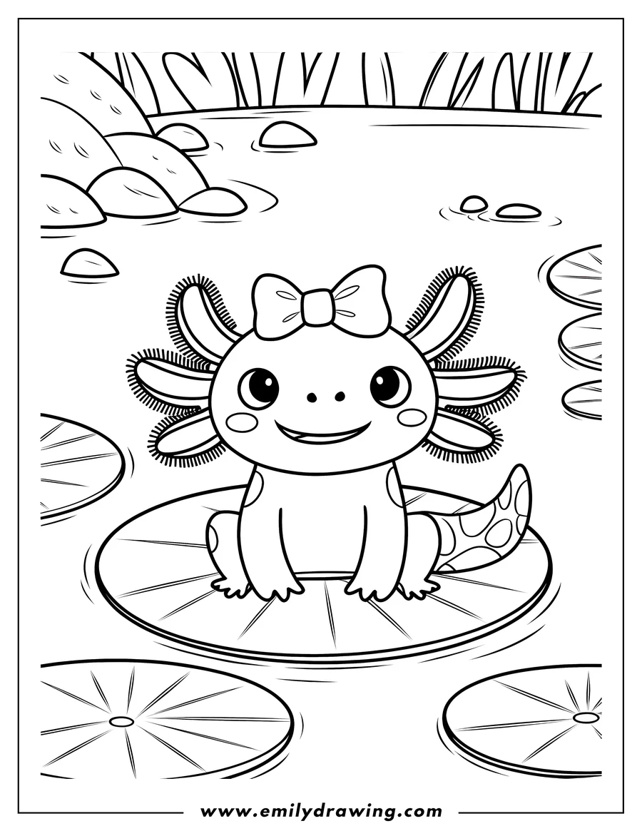 Outline of an axolotl wearing a bow, sitting on a lily pad in a pond.