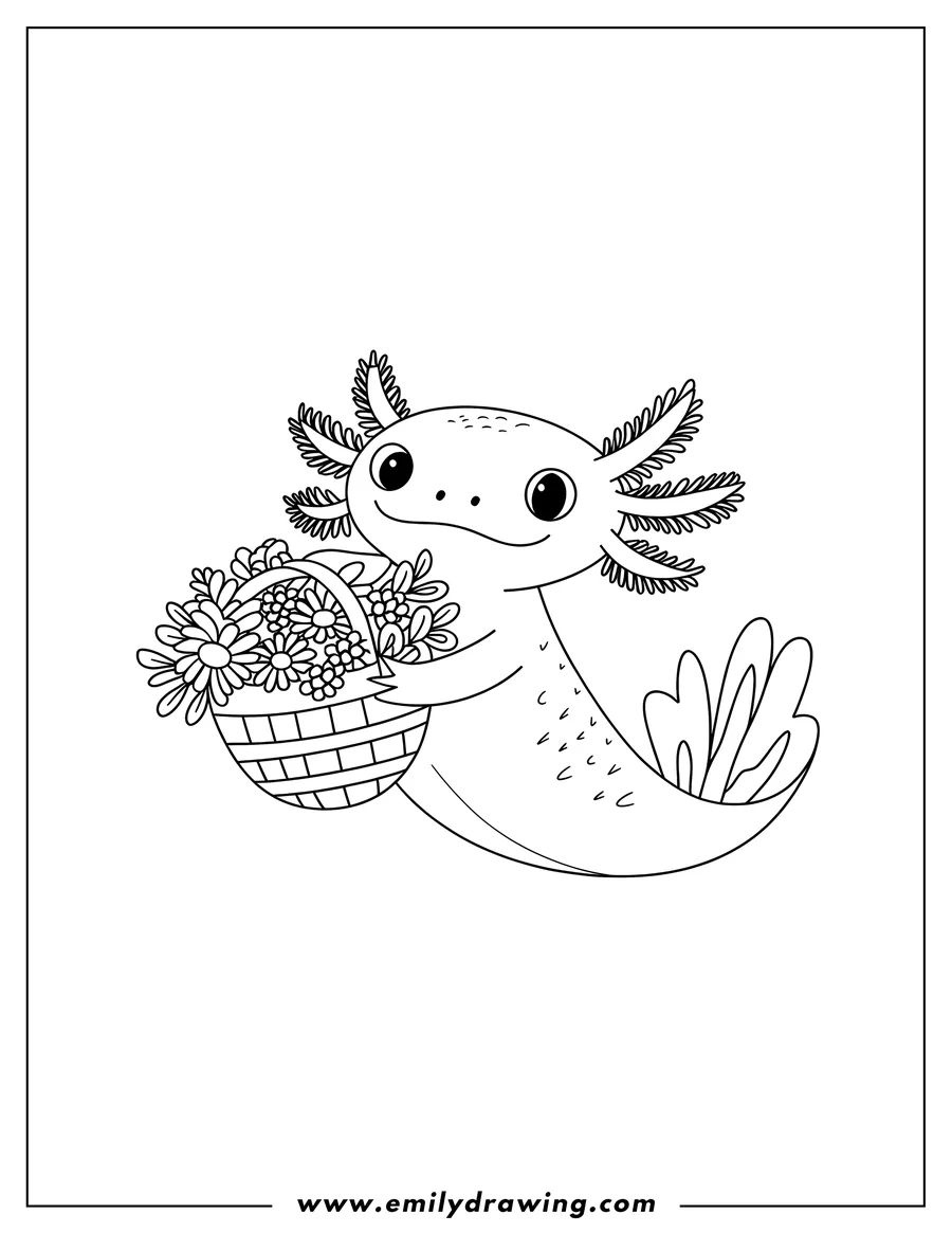 Line art of an axolotl holding a basket of flowers. The axolotl has feathery gills and a curved tail.
