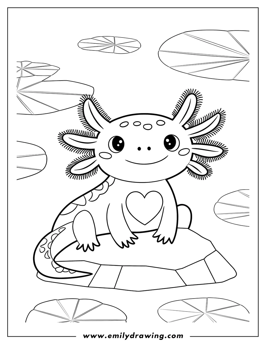 Outline of an axolotl sitting on a rock, with lily pads floating around it. The axolotl has a heart on its chest.