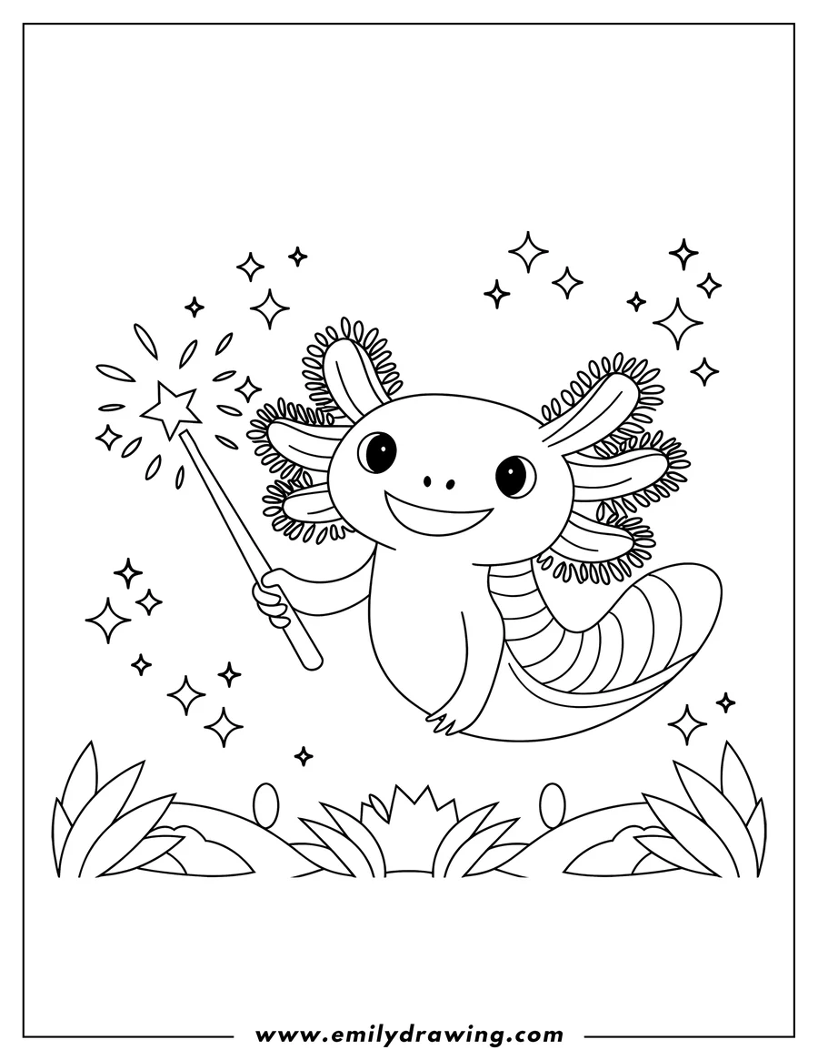 Line art of an axolotl holding a magic wand, surrounded by sparkles and floating above some grass.