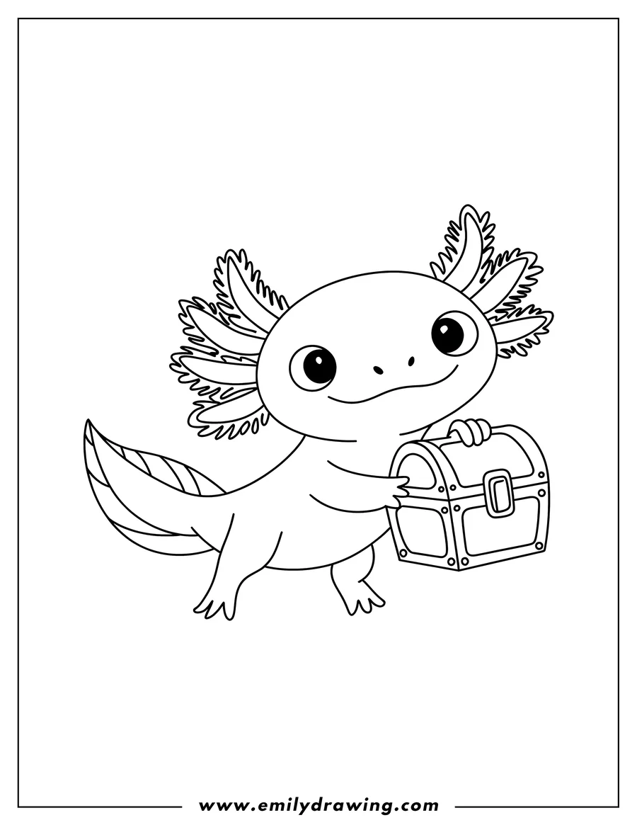 Line art of an axolotl carrying a treasure chest.