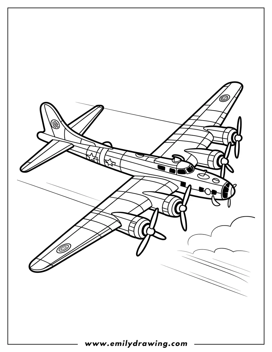 Line art of a B-17 bomber in flight, featuring four propellers and distinctive markings.