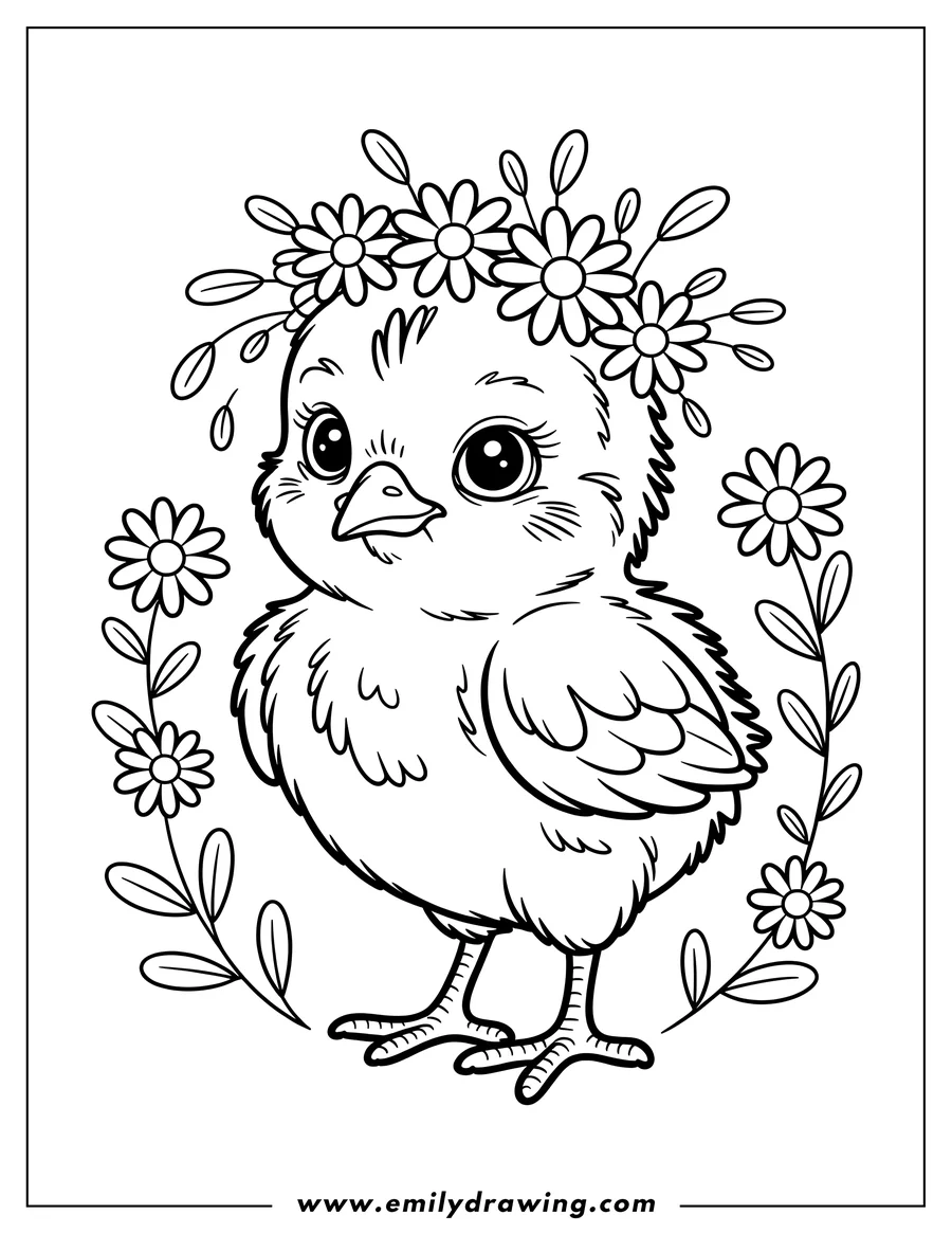 Outline of a baby chick with large eyes, surrounded by a decorative wreath of daisies and leaves.