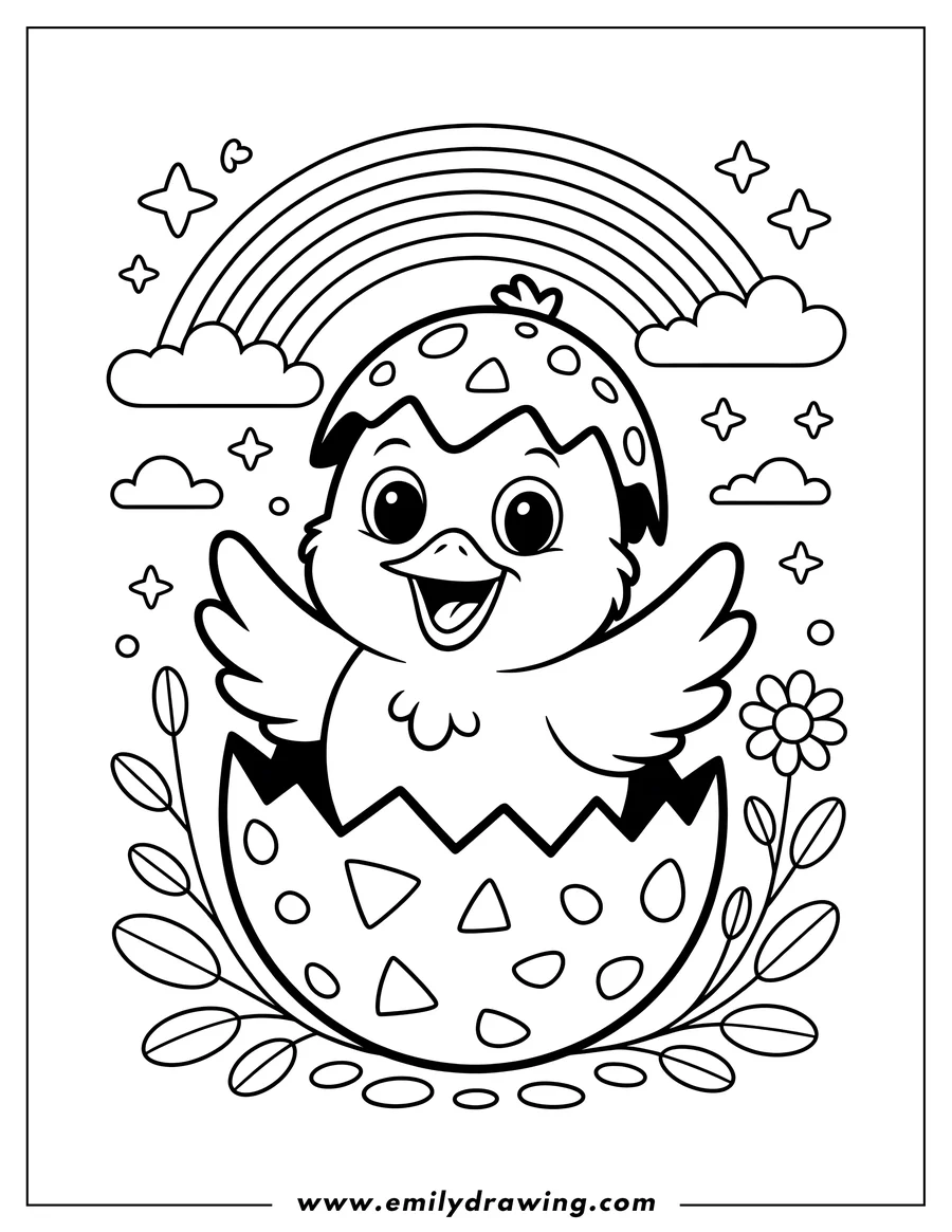 Outline of a baby chick emerging from an eggshell beneath a rainbow and stars.