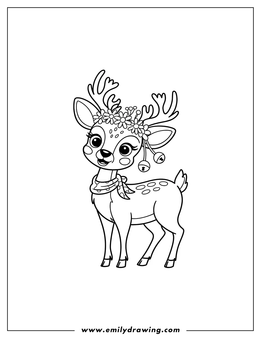 Outline of a young deer, or fawn, with a crown of flowers and jingle bells hanging from it. The fawn also wears a spotted bandana around its neck.