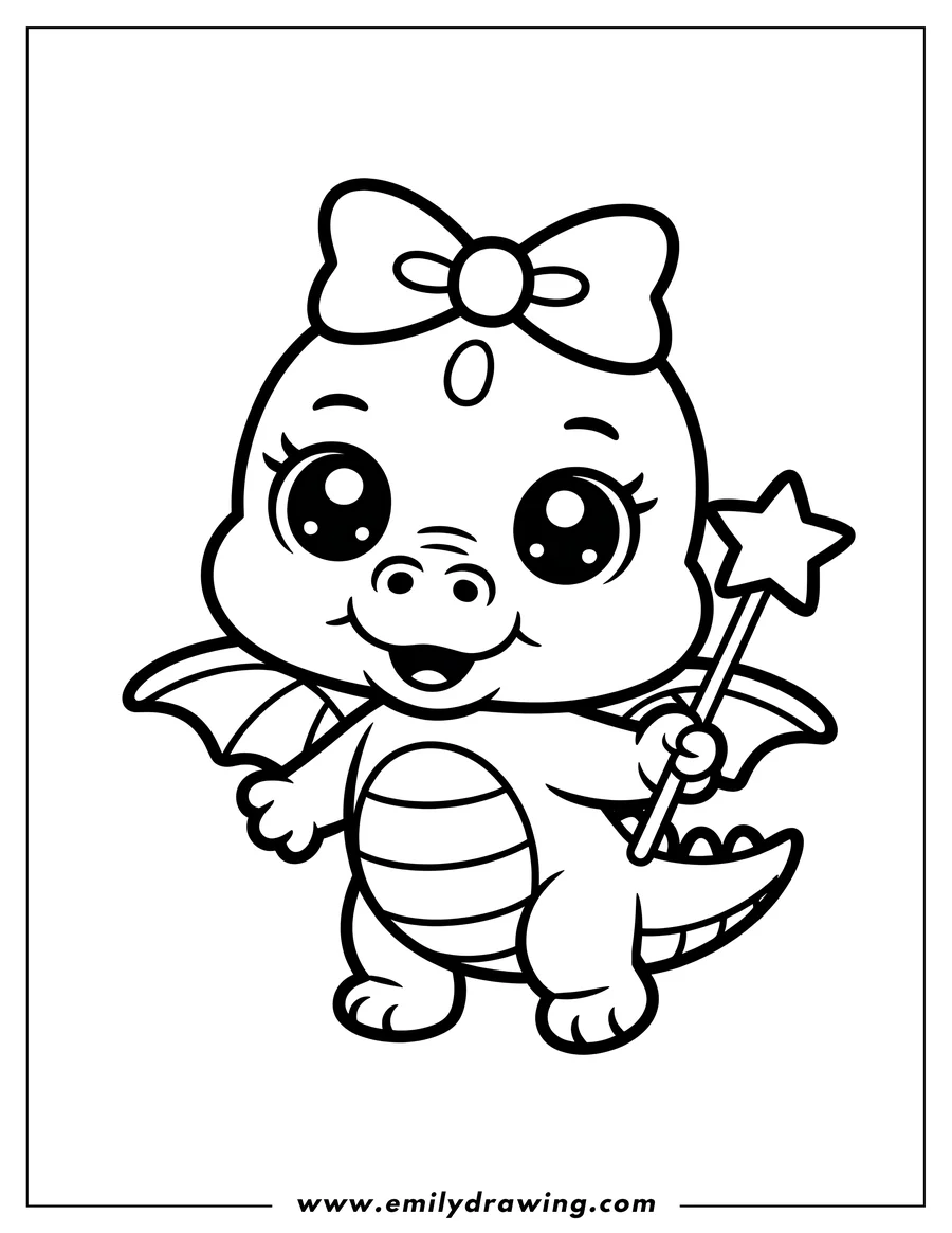 Outline of a baby dragon holding a star-topped magic wand. The dragon has a large bow on its head and large, friendly eyes.