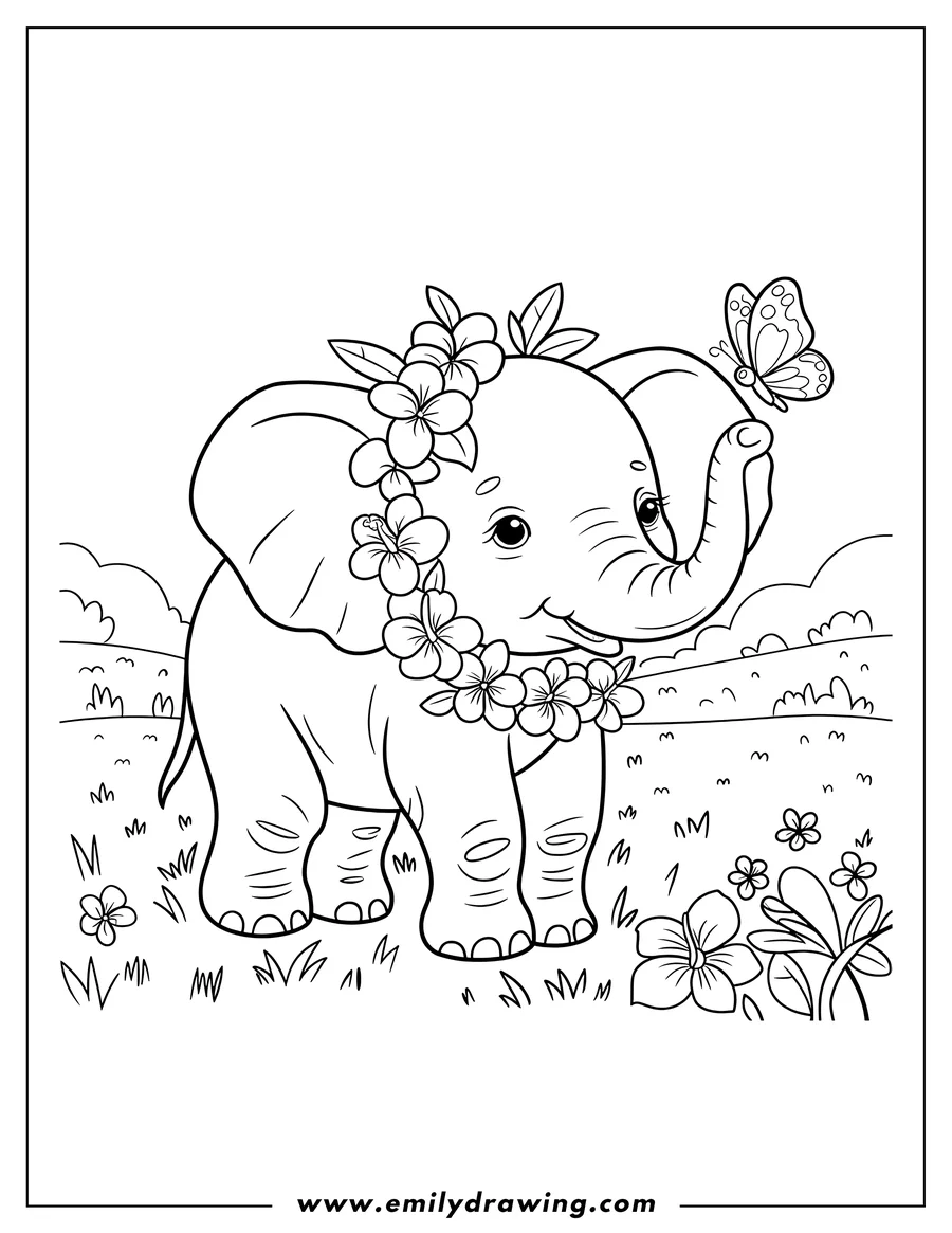Outline of a baby elephant with a flower crown, looking at a butterfly perched near its trunk. Flowers and grass surround the elephant.