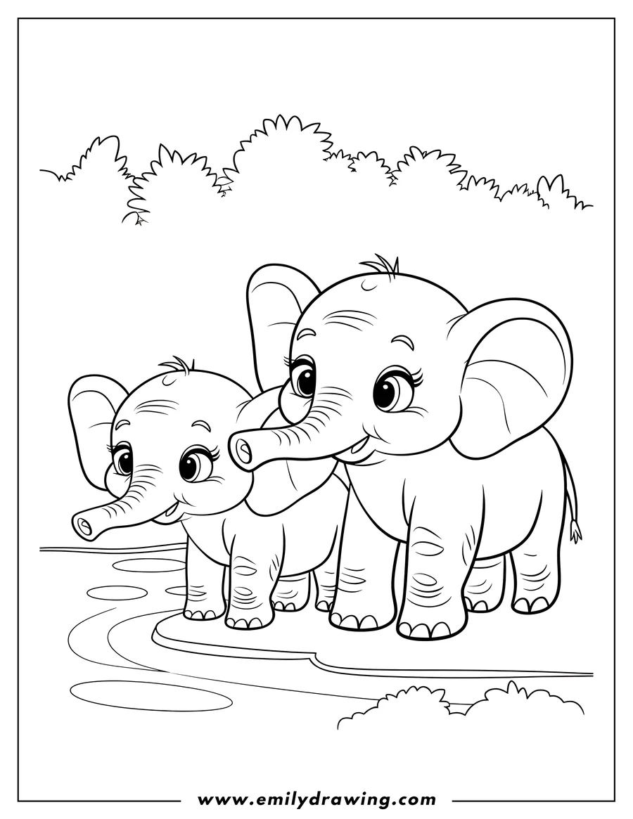 Outline of two young elephants standing near the edge of a calm body of water. There are bushes and trees in the background.