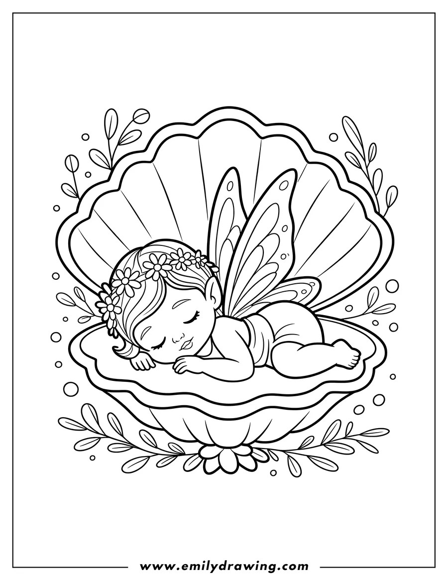 Outline of a baby fairy with a flower crown sleeping peacefully inside a large seashell. Small leaves and flowers decorate the scene around the shell.