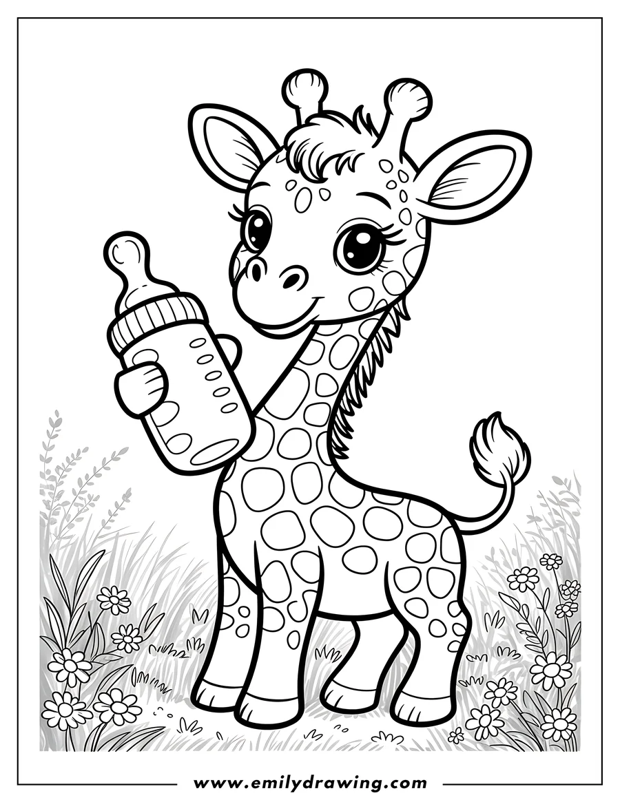 Outline of a baby giraffe holding a bottle, standing in a field of grass and flowers.