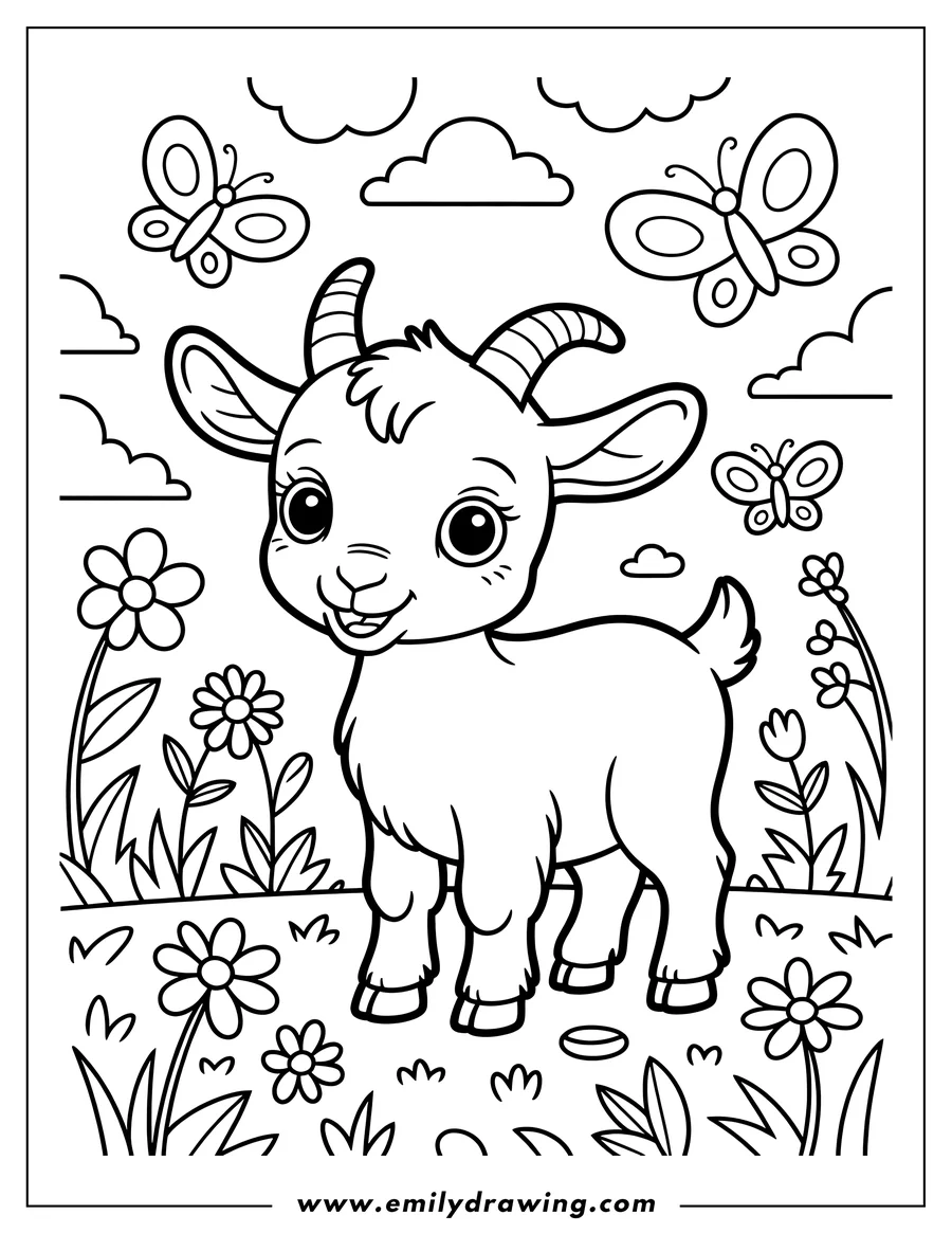 Outline of a baby goat standing in a field of flowers with butterflies fluttering around.