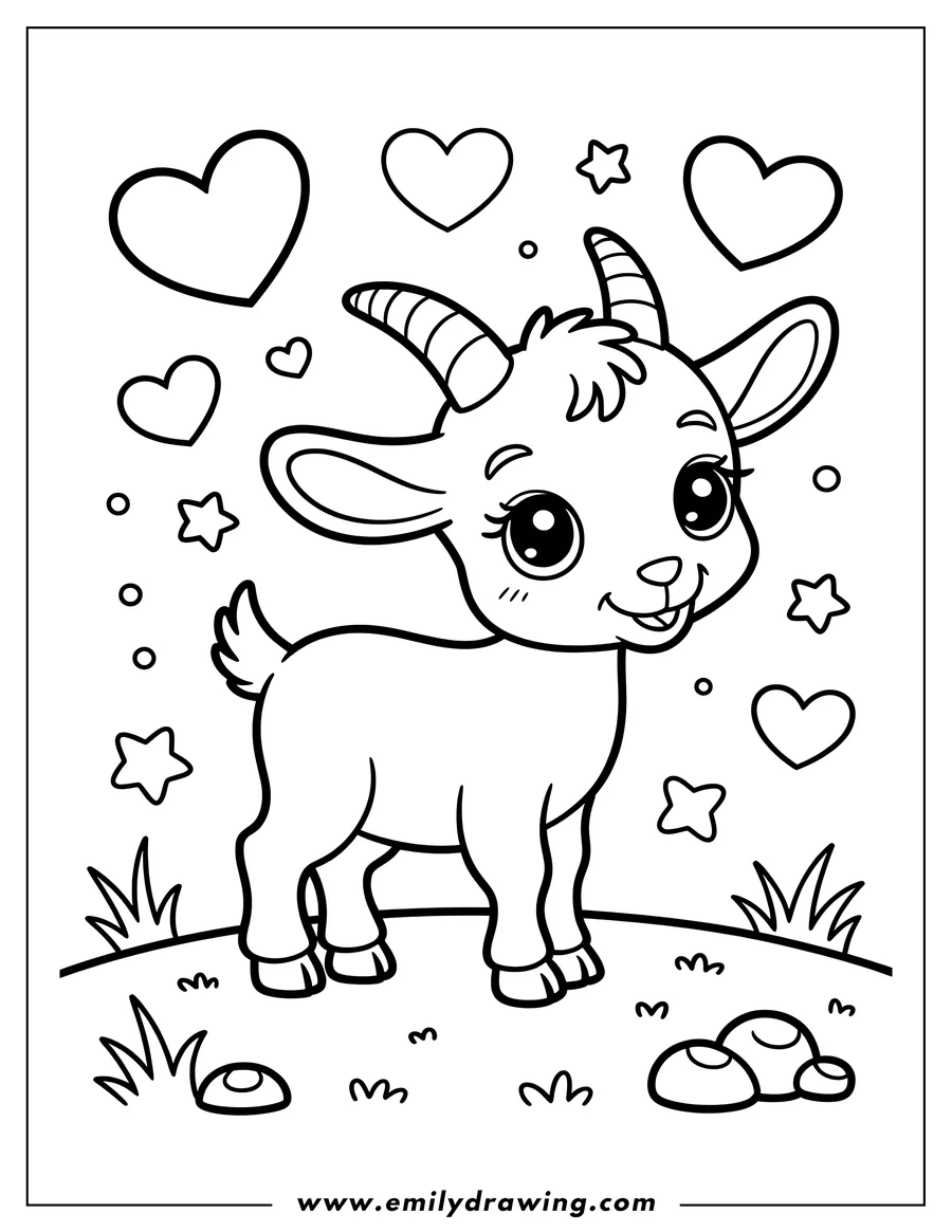 Outline of a baby goat standing in a field, surrounded by hearts and stars.