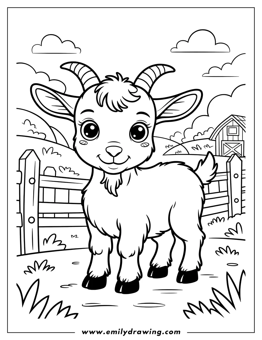 Outline of a baby goat standing near a wooden fence on a farm, with a barn visible in the background.