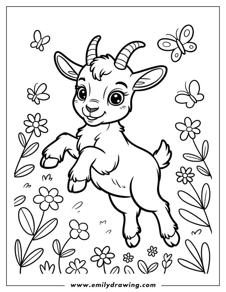 Line art of a playful baby goat frolicking amongst flowers and butterflies.