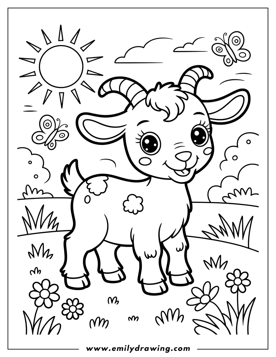 Line art of a cheerful baby goat standing in a field on a bright sunny day, with butterflies flitting around.