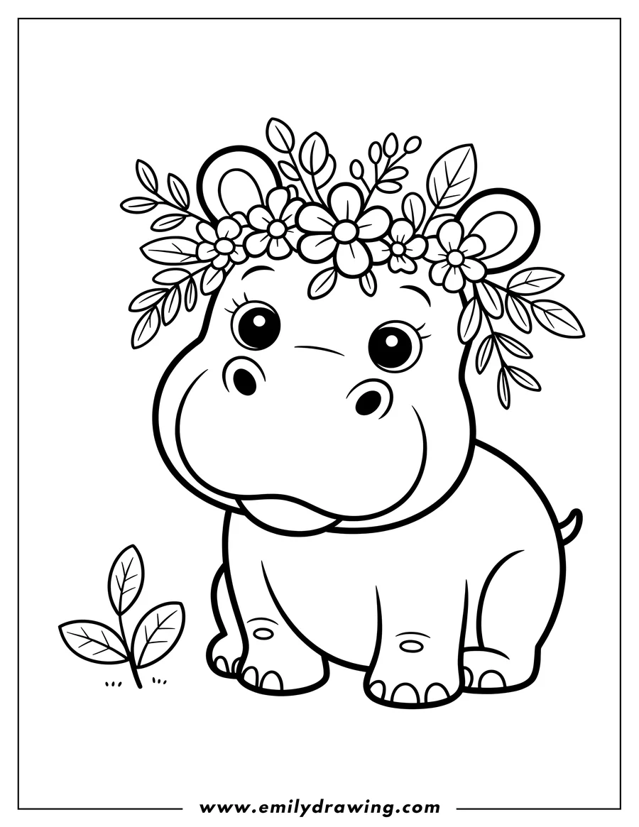 Outline of a baby hippopotamus wearing a crown of flowers and leaves.