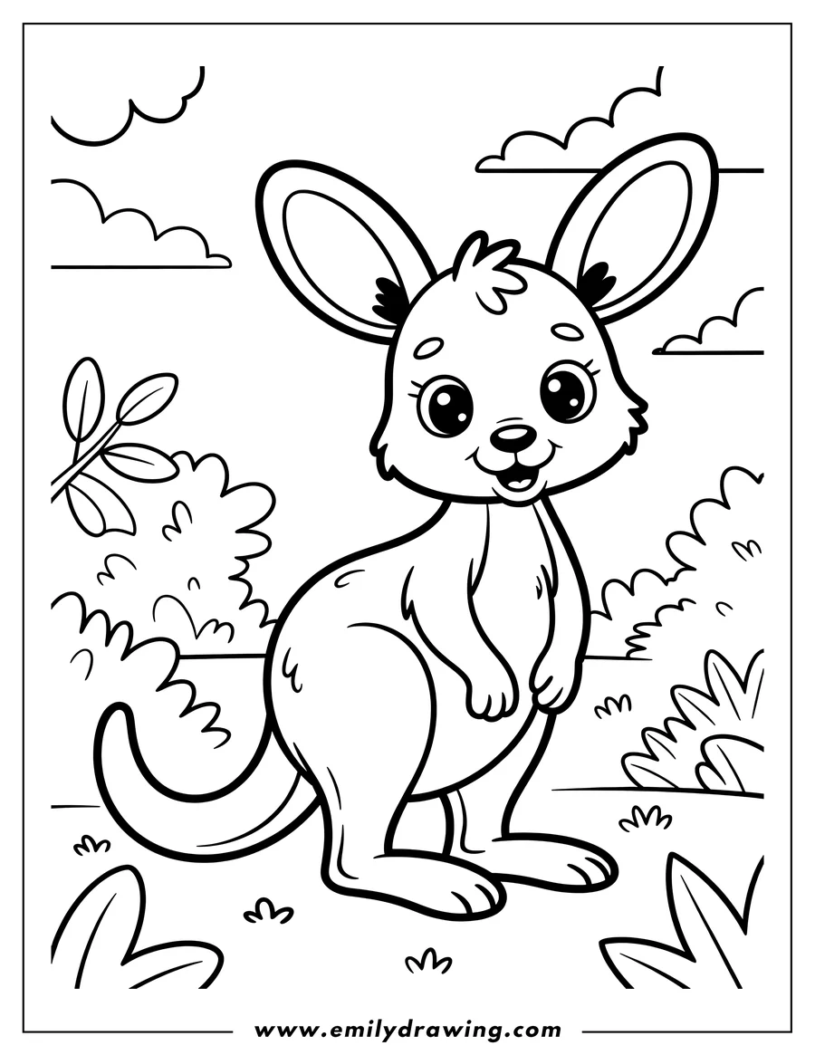 Outline of a baby kangaroo standing in the Australian bush, surrounded by small shrubs and tufts of grass. It has large ears, big eyes, and a small, smiling mouth.