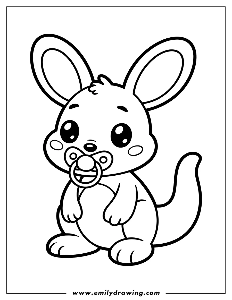 Outline of a baby kangaroo with a pacifier. It has large ears, big eyes, and a cute, small nose.