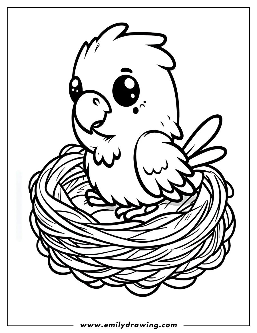 Outline of a baby macaw sitting in a nest.