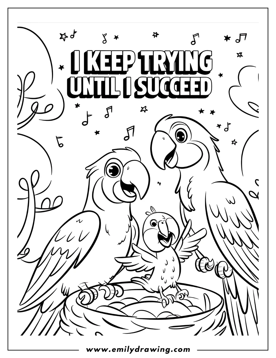Outline of a baby macaw singing loudly in a nest, with two adult macaws smiling down at it.