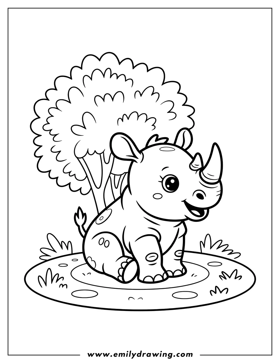 Outline of a baby rhino sitting near a tree in a grassy area.