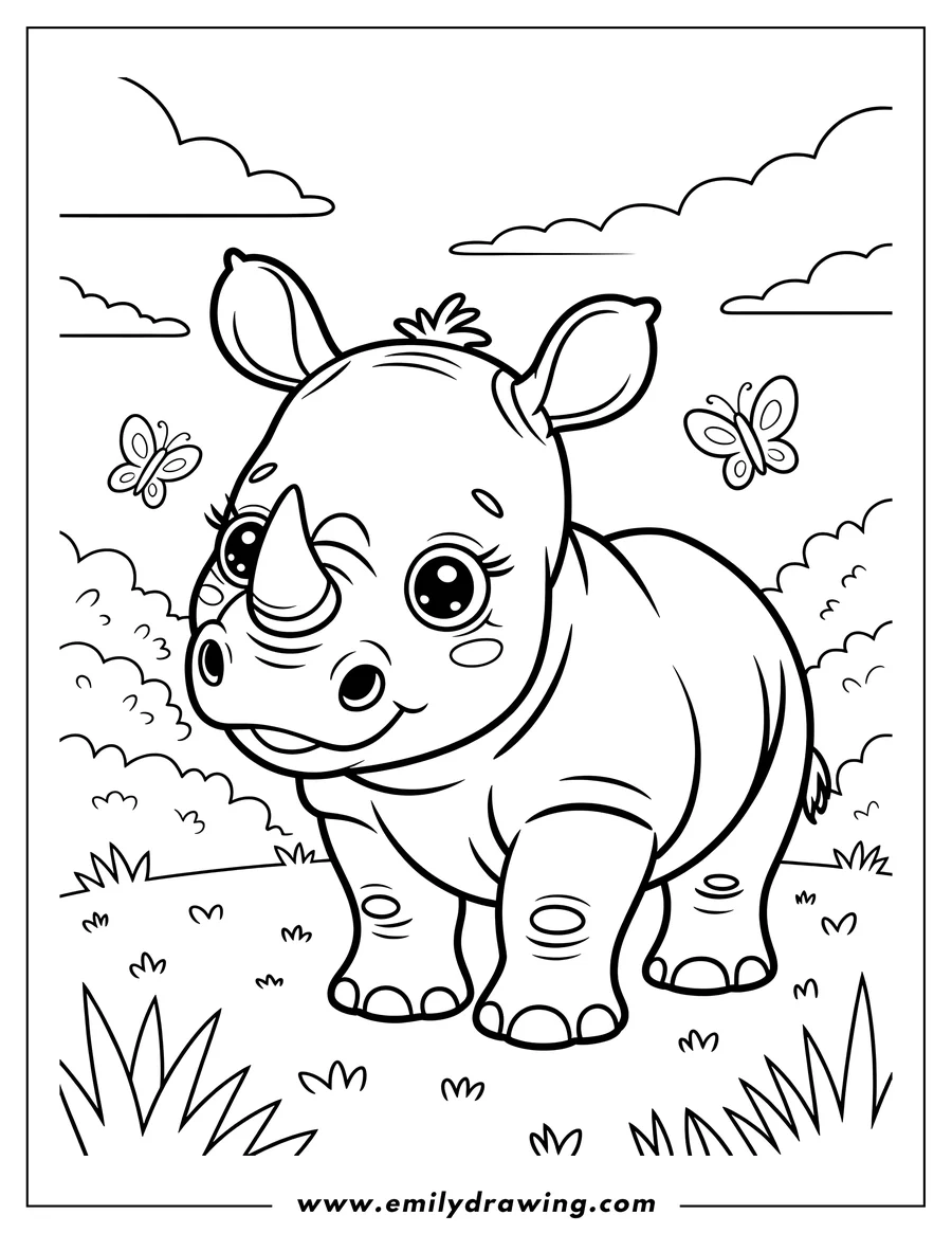 Outline of a baby rhino standing in a grassy field with butterflies fluttering nearby.