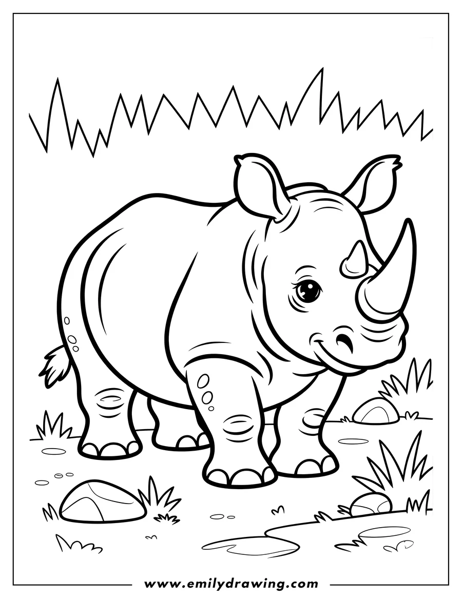 Outline of a baby rhino standing in a grassy area with small rocks and puddles.