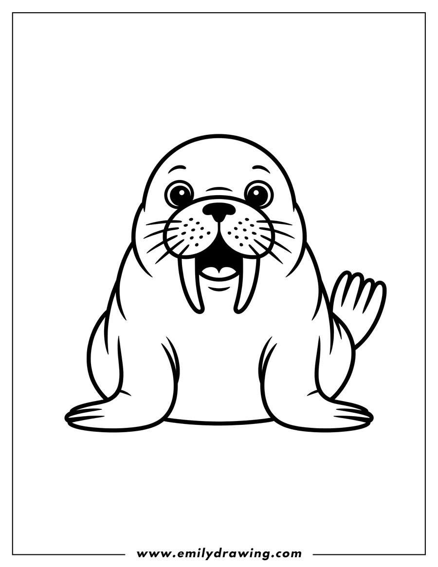 Outline of a baby walrus sitting and smiling, showing its large tusks.