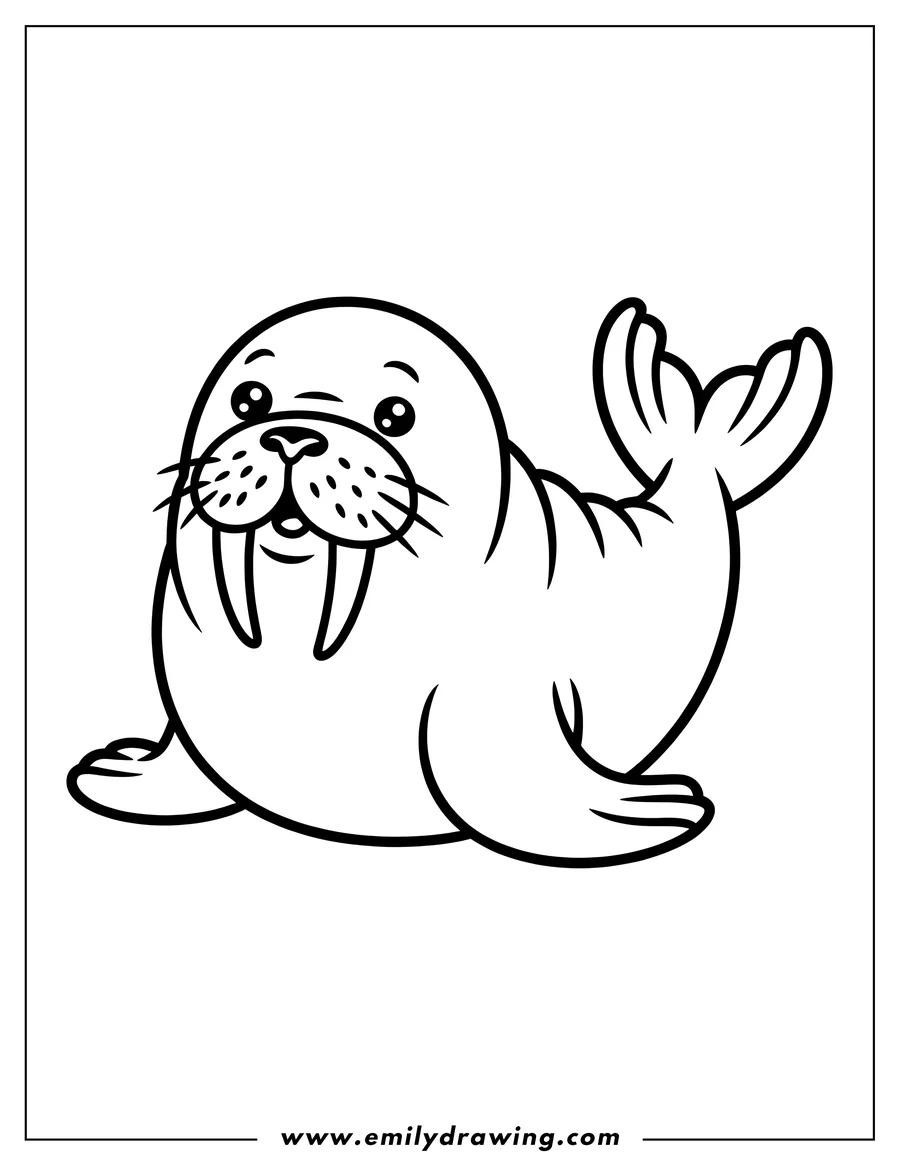 Line art of a baby walrus with prominent tusks.