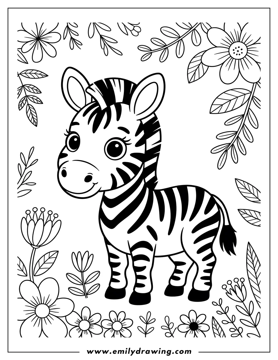 Outline of a baby zebra standing amidst various flowers and leaves.