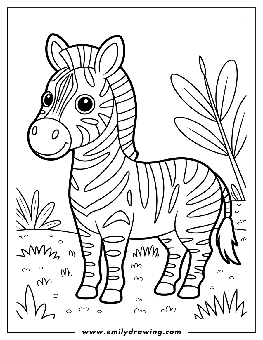 Line art of a baby zebra standing in a grassy area. It has distinctive black and white stripes and a cute, friendly expression.