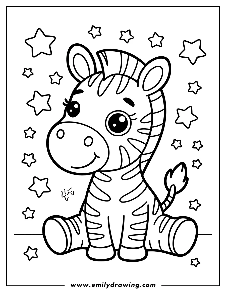 Outline of a baby zebra sitting with stars around it.