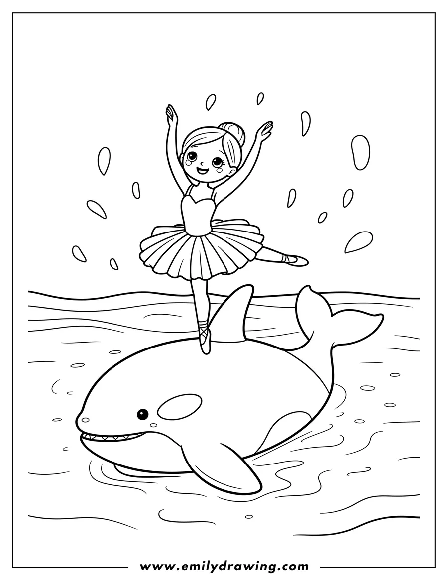 Line drawing of a ballerina dancing on an orca whale in the water.