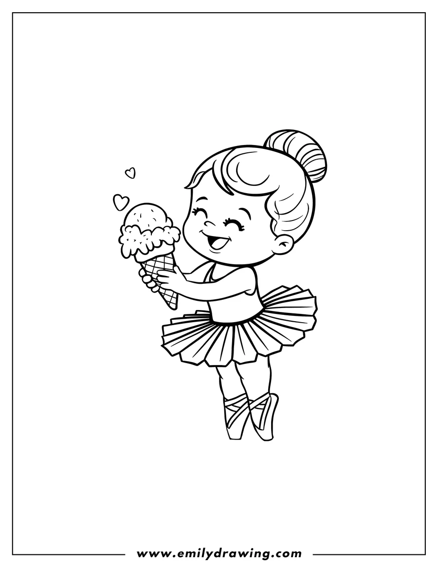 Outline of a ballerina in a tutu holding an ice cream cone.