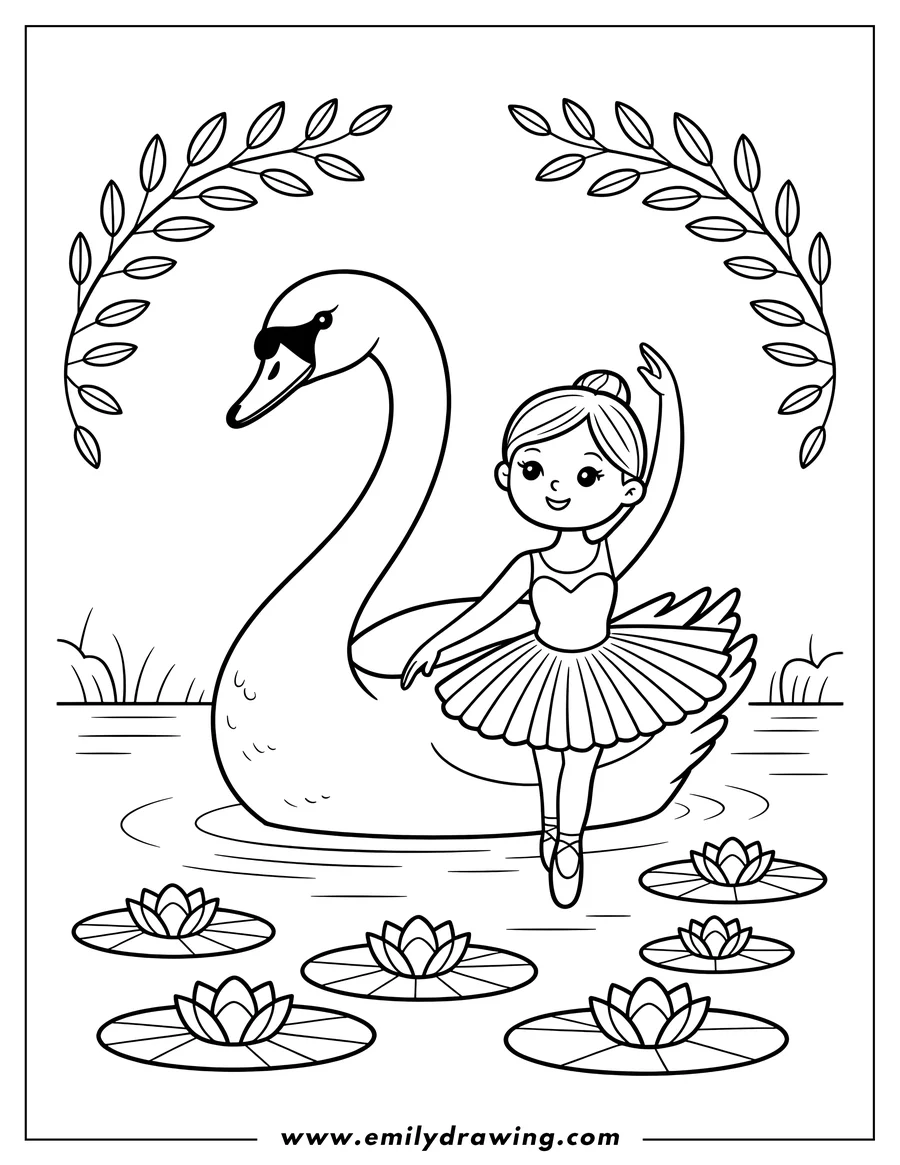Line art of a ballerina dancing on a swan in a pond with lily pads, framed by decorative leaves.