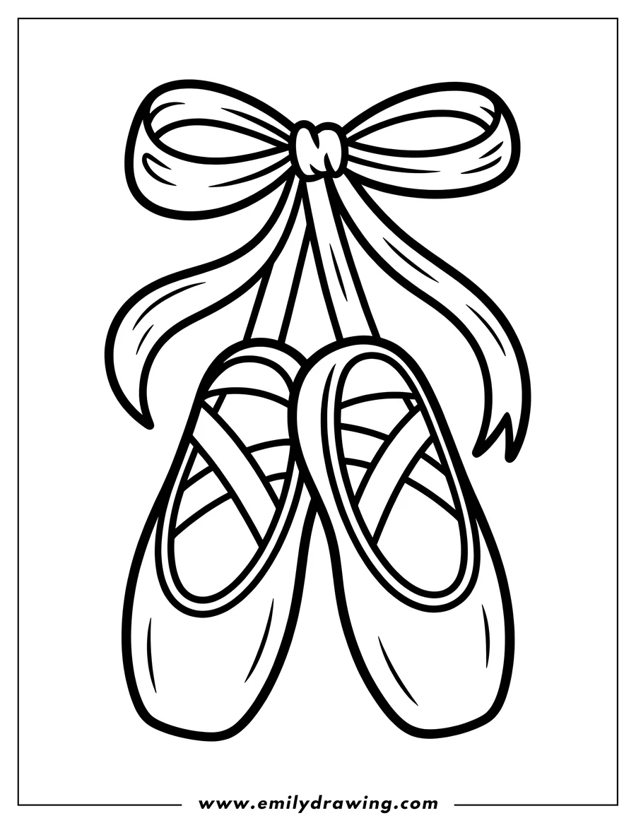 Line art of a pair of ballet shoes with ribbons tied around them.