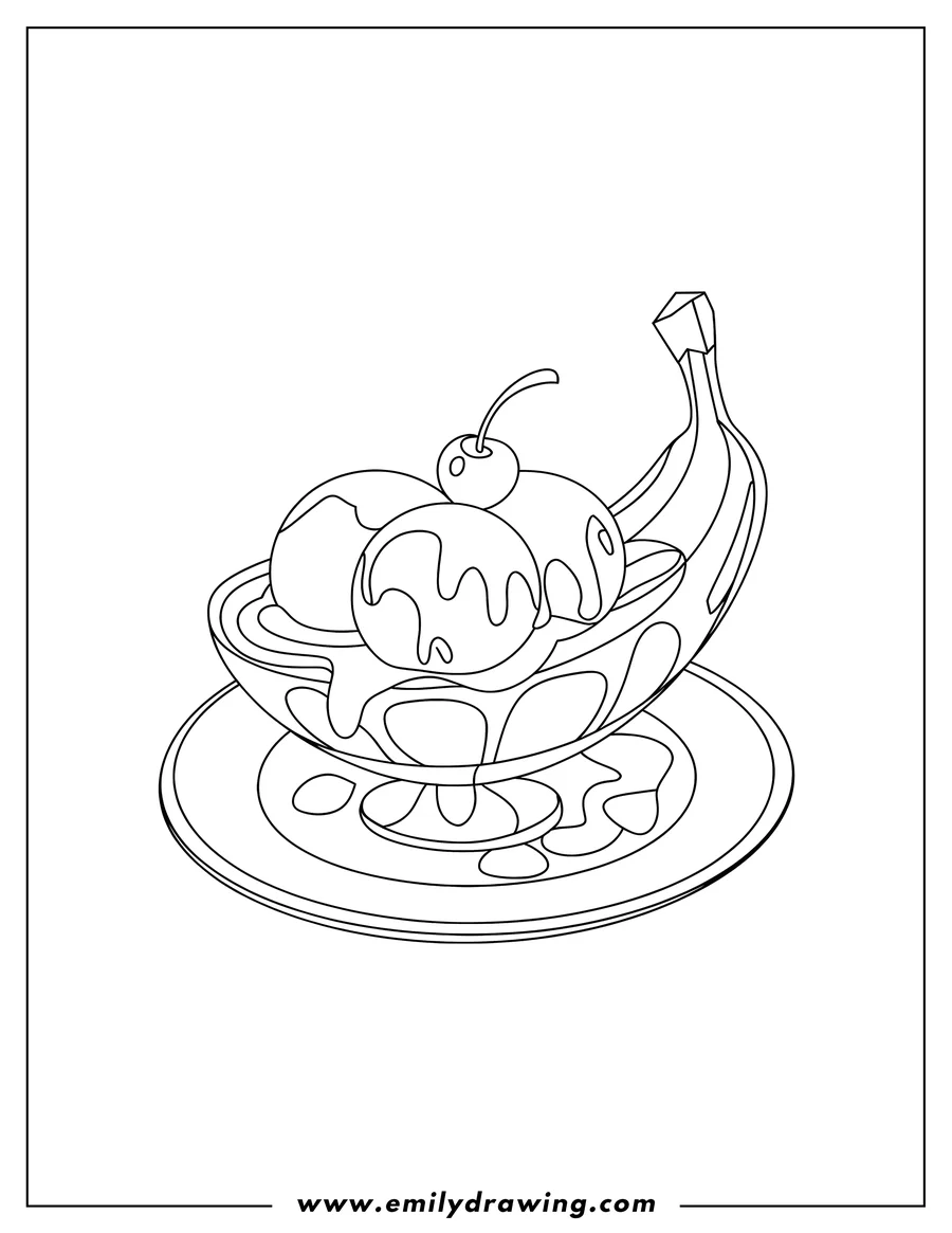 Line art of a banana split with two scoops of ice cream, a cherry on top, and syrup dripping onto the plate.