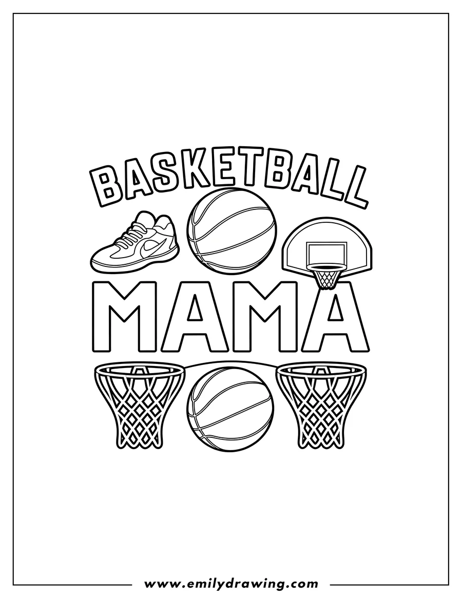 Line art of basketballs, hoops, and a basketball shoe. The words 